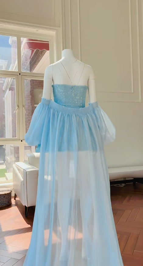 Glitter A Line Strapless Pale Blue Sequin With Train Short Prom Dress,Homecoming Dress,Birthday Dress GG2793
