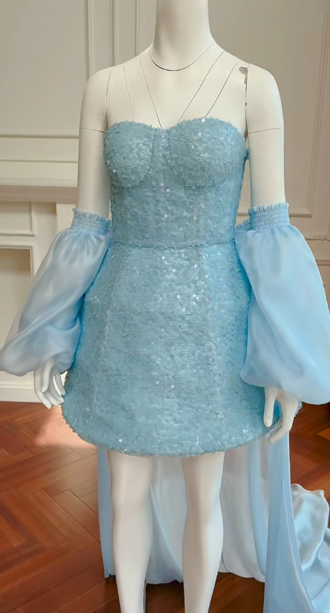Glitter A Line Strapless Pale Blue Sequin With Train Short Prom Dress,Homecoming Dress,Birthday Dress GG2793
