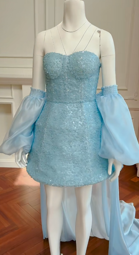 Glitter A Line Strapless Pale Blue Sequin With Train Short Prom Dress,Homecoming Dress,Birthday Dress GG2793