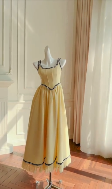 Classy A Line Square Pastel Yellow Satin Long Prom Dress, Party Dress, Evening Dress GG2796