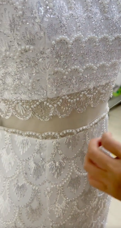 Gorgeous Mermaid Halter White Satin Tulle Sequin Pearls Long Prom Dress, Party Dress, Evening Dress GG2799