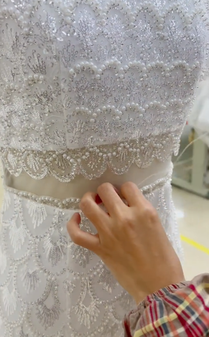 Gorgeous Mermaid Halter White Satin Tulle Sequin Pearls Long Prom Dress, Party Dress, Evening Dress GG2799