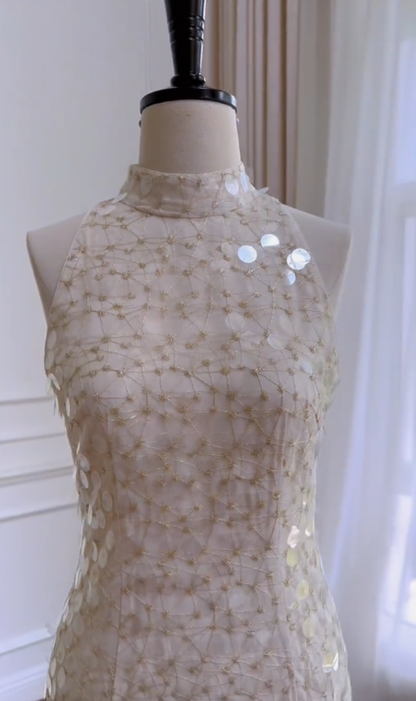 Elegant Mermaid Halter Satin Sequin Long Prom Dress, Party Dress, Evening Dress GG2800