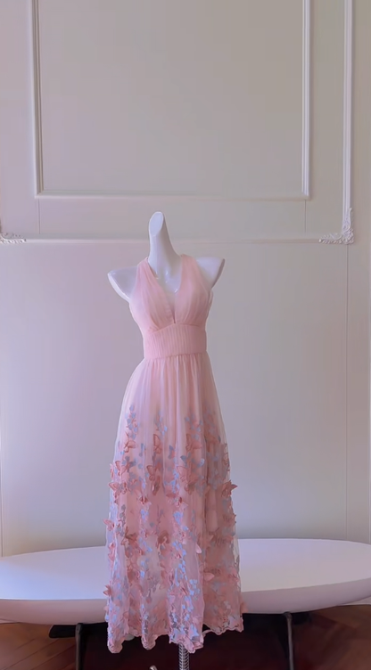 Classy A Line Halter Soft Pink Chiffon Applique Long Prom Dress, Party Dress, Evening Dress GG2805