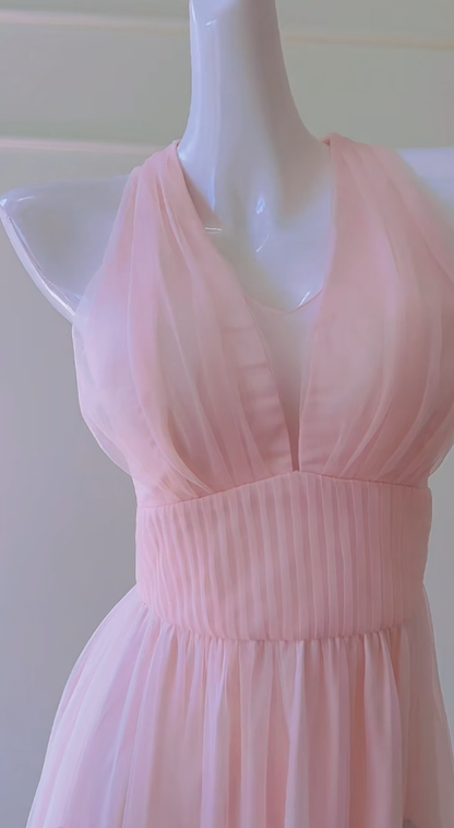 Classy A Line Halter Soft Pink Chiffon Applique Long Prom Dress, Party Dress, Evening Dress GG2805