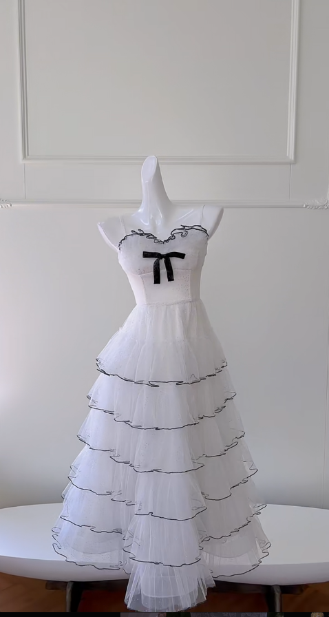 Pretty A Line Spaghetti Straps White Tulle Beaded Long Prom Dress, Party Dress, Evening Dress GG2806