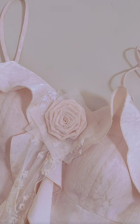 Pretty A Line Spaghetti Straps Pink Satin Lace Ruffles Long Prom Dress, Party Dress, Evening Dress GG2807