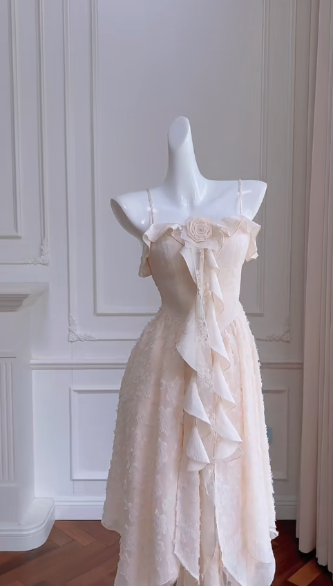 Pretty A Line Spaghetti Straps Pink Satin Lace Ruffles Long Prom Dress, Party Dress, Evening Dress GG2807