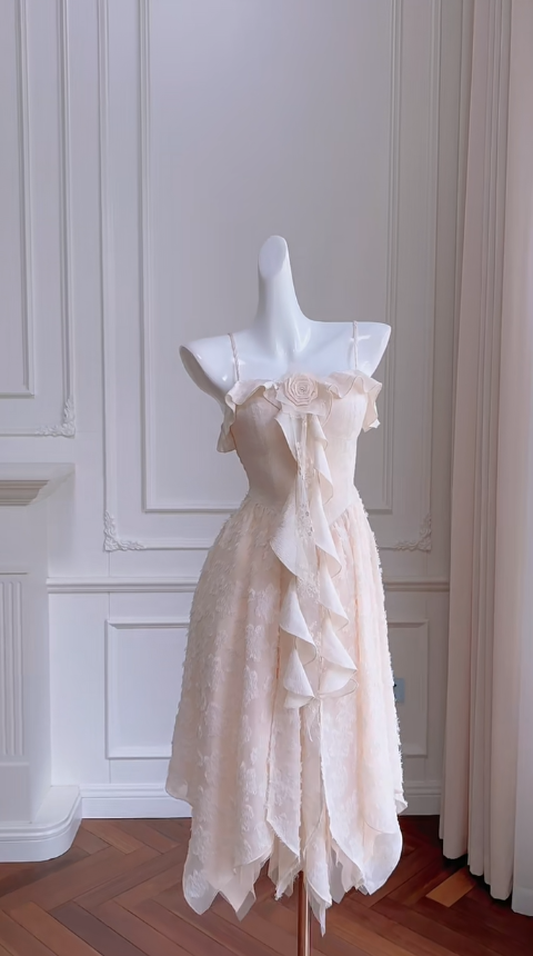 Pretty A Line Spaghetti Straps Pink Satin Lace Ruffles Long Prom Dress, Party Dress, Evening Dress GG2807