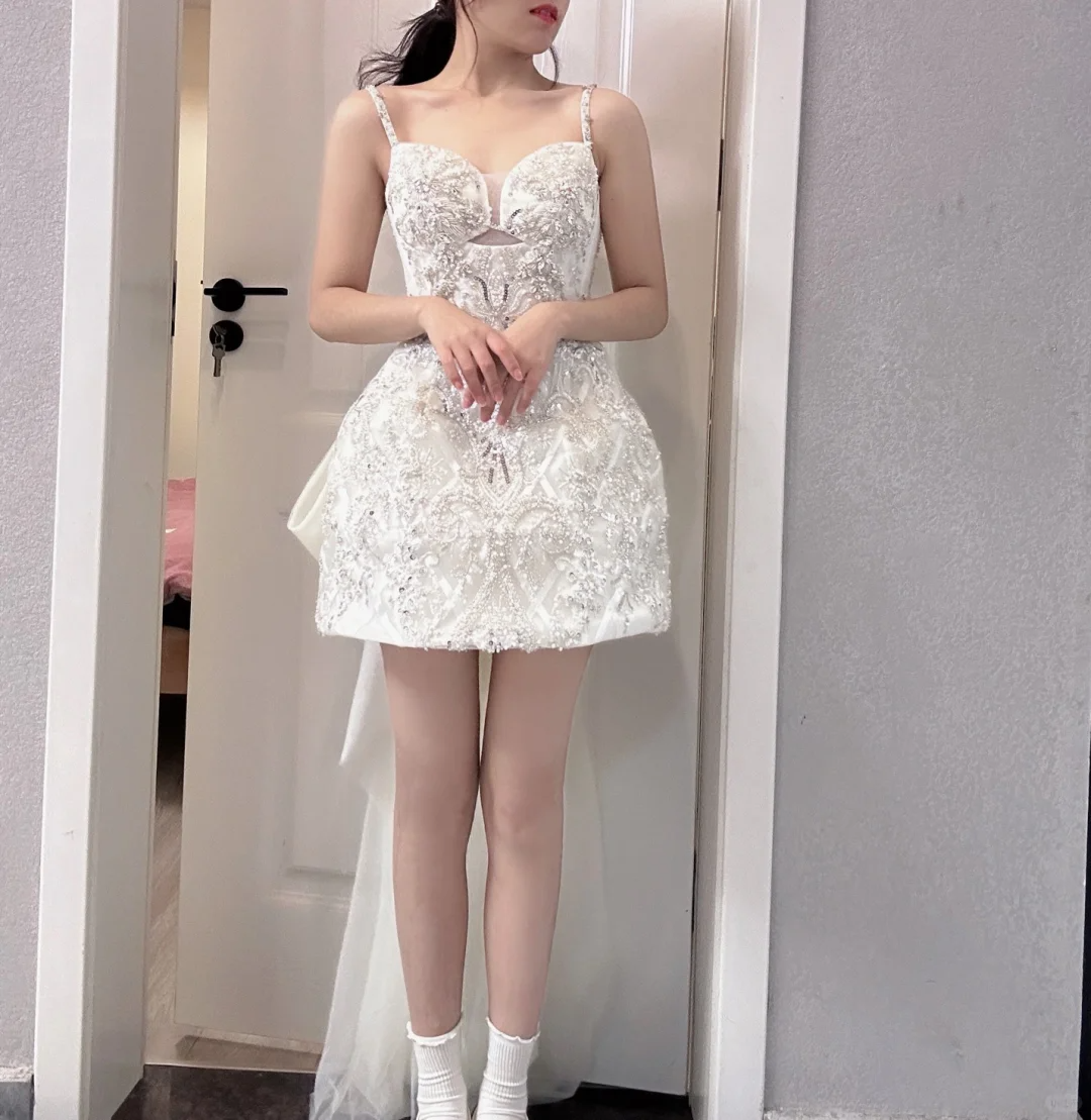 Stunning A Line Spaghetti Straps Satin Sequin With Train Short Prom Dress,Homecoming Dress,Birthday Dress GG2808