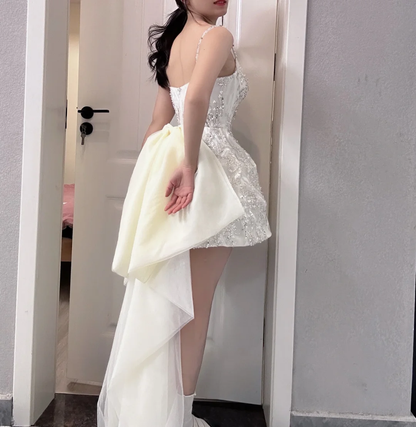 Stunning A Line Spaghetti Straps Satin Sequin With Train Short Prom Dress,Homecoming Dress,Birthday Dress GG2808