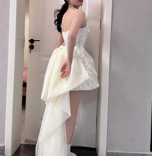 Stunning A Line Spaghetti Straps Satin Sequin With Train Short Prom Dress,Homecoming Dress,Birthday Dress GG2808