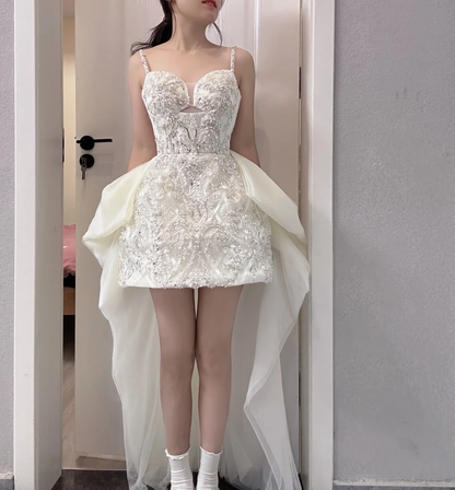 Stunning A Line Spaghetti Straps Satin Sequin With Train Short Prom Dress,Homecoming Dress,Birthday Dress GG2808