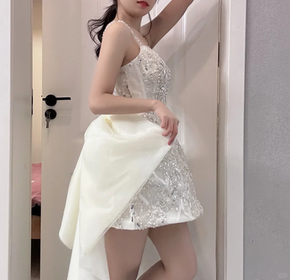 Stunning A Line Spaghetti Straps Satin Sequin With Train Short Prom Dress,Homecoming Dress,Birthday Dress GG2808