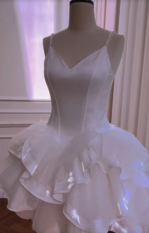 Cute A Line Spaghetti Straps White Satin Short Prom Dress,Homecoming Dress,Birthday Dress GG2809