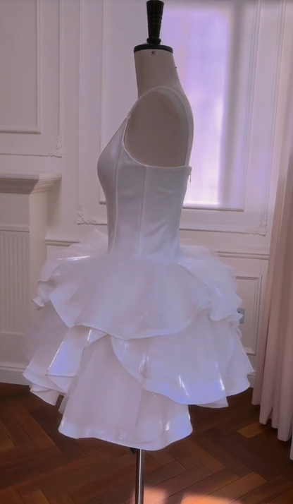 Cute A Line Spaghetti Straps White Satin Short Prom Dress,Homecoming Dress,Birthday Dress GG2809