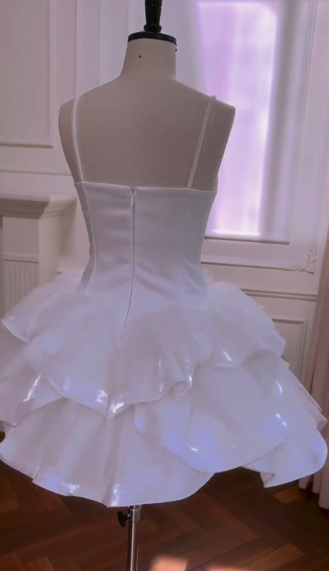 Cute A Line Spaghetti Straps White Satin Short Prom Dress,Homecoming Dress,Birthday Dress GG2809