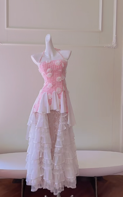 Cute A Line Halter Satin Chiffon Lace Long Prom Dress, Party Dress, Evening Dress GG2813