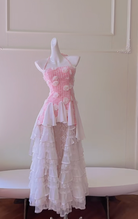 Cute A Line Halter Satin Chiffon Lace Long Prom Dress, Party Dress, Evening Dress GG2813