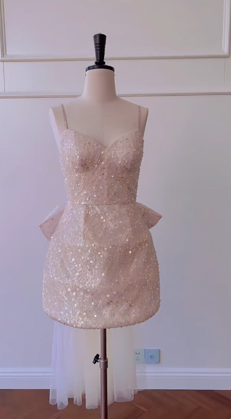 Glitter A Line Spaghetti Straps Pink Sequin With Tulle Train Short Prom Dress,Homecoming Dress,Birthday Dress GG2814