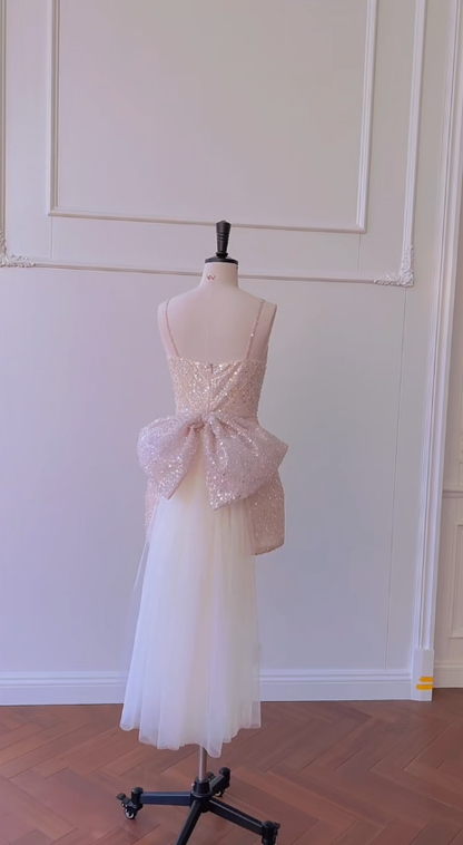 Glitter A Line Spaghetti Straps Pink Sequin With Tulle Train Short Prom Dress,Homecoming Dress,Birthday Dress GG2814