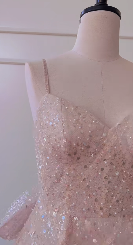 Glitter A Line Spaghetti Straps Pink Sequin With Tulle Train Short Prom Dress,Homecoming Dress,Birthday Dress GG2814