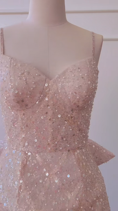 Glitter A Line Spaghetti Straps Pink Sequin With Tulle Train Short Prom Dress,Homecoming Dress,Birthday Dress GG2814