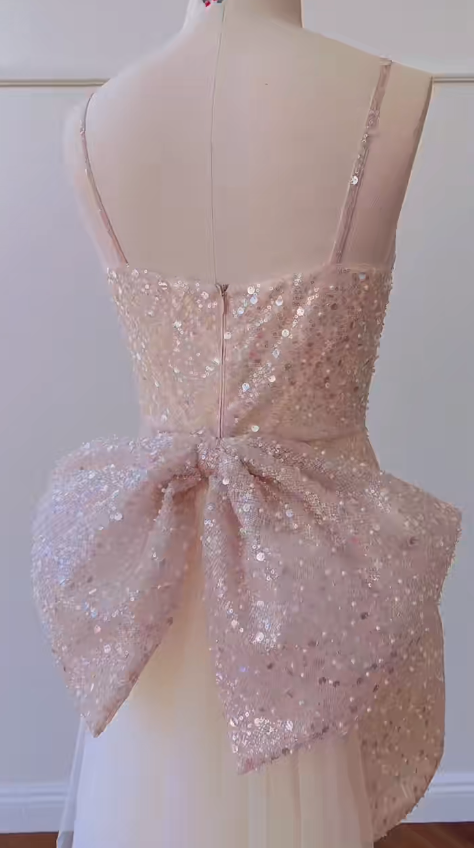 Glitter A Line Spaghetti Straps Pink Sequin With Tulle Train Short Prom Dress,Homecoming Dress,Birthday Dress GG2814