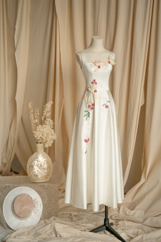 Stunning A Line Square White Satin Applique Long Prom Dress, Party Dress, Evening Dress GG2818