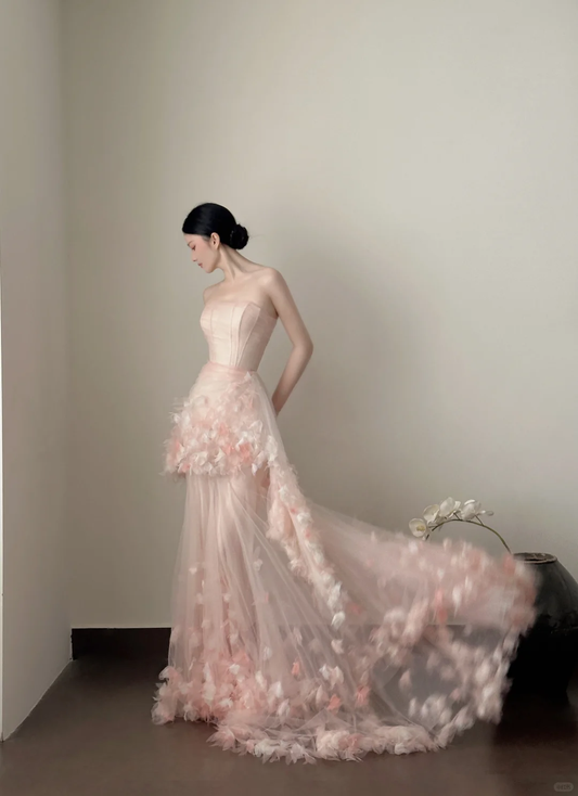 Fairy Mermaid Strapless Pink Satin Tulle Applique Long Prom Dress, Party Dress, Evening Dress GG2819