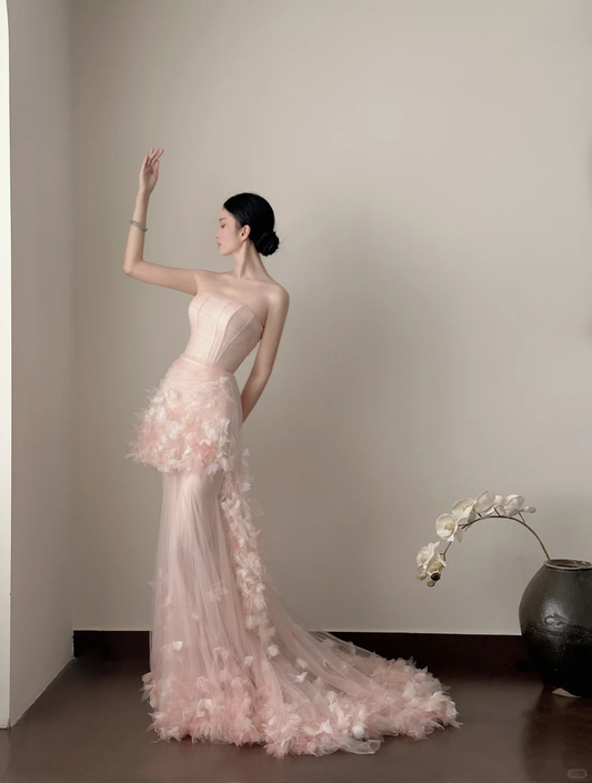 Fairy Mermaid Strapless Pink Satin Tulle Applique Long Prom Dress, Party Dress, Evening Dress GG2819