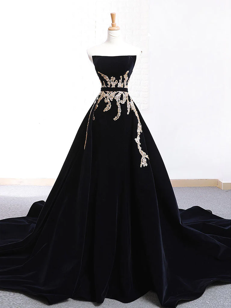 Chic A Line Strapless Black Velvet Sweep Train Long Prom Dress, Evening Dress GG281