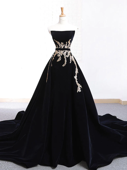 Chic A Line Strapless Black Velvet Sweep Train Long Prom Dress, Evening Dress GG281