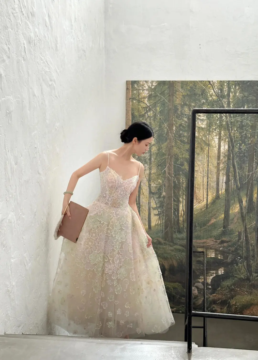 Fairy A Line Spaghetti Straps White Tulle Applique Long Prom Dress, Party Dress, Evening Dress GG2820