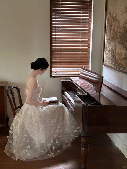 Fairy A Line Spaghetti Straps White Tulle Applique Long Prom Dress, Party Dress, Evening Dress GG2820