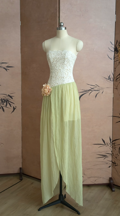 Stunning A Line Strapless Lace Chiffon Slit Long Prom Dress, Party Dress, Evening Dress GG2826