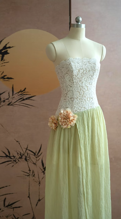 Stunning A Line Strapless Lace Chiffon Slit Long Prom Dress, Party Dress, Evening Dress GG2826