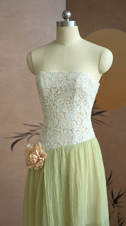 Stunning A Line Strapless Lace Chiffon Slit Long Prom Dress, Party Dress, Evening Dress GG2826