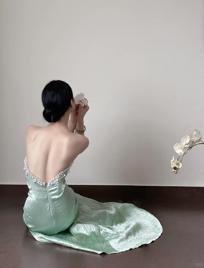 Stunning Mermaid Strapless Mint Green Satin Beaded Long Prom Dress, Party Dress, Evening Dress GG2829