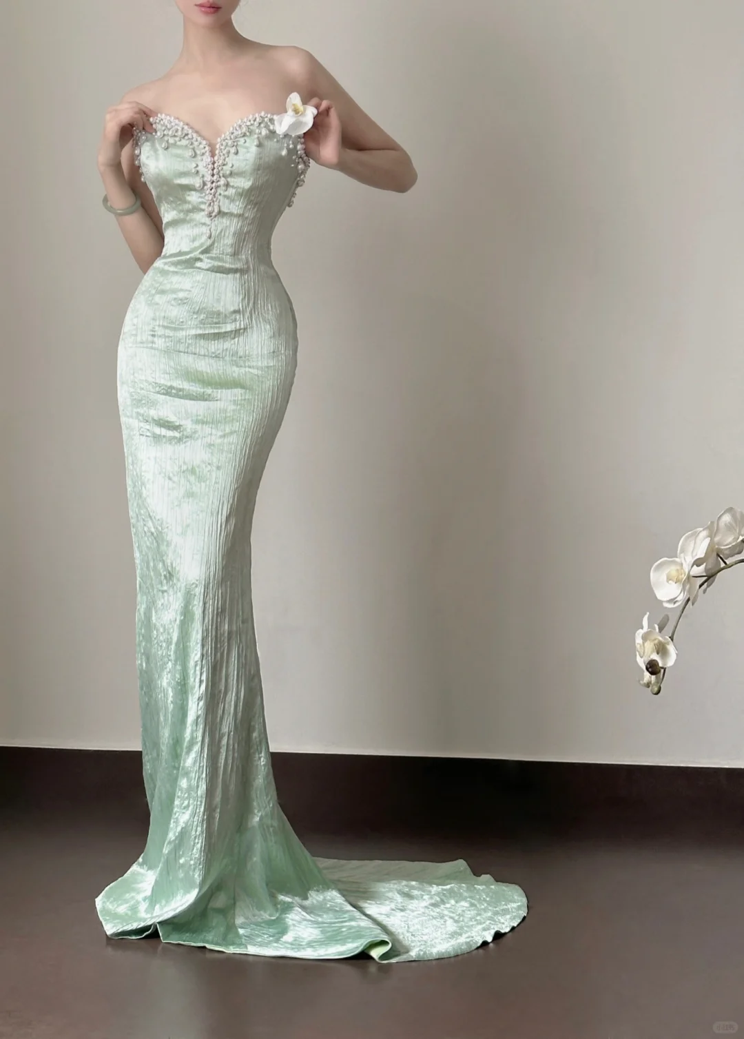 Stunning Mermaid Strapless Mint Green Satin Beaded Long Prom Dress, Party Dress, Evening Dress GG2829