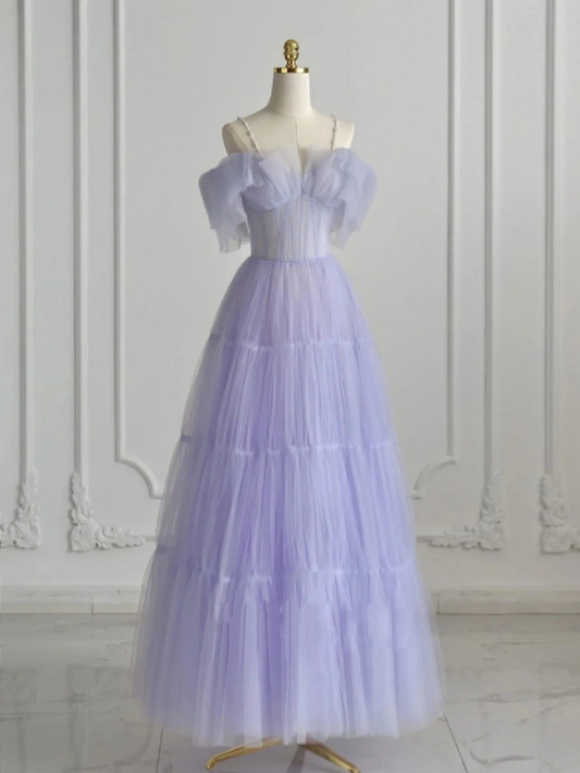 Elegant  A Line Off The Shoulder Spaghetti Beading Straps Lavender Tulle Long Prom Dress, Evening Dress GG282