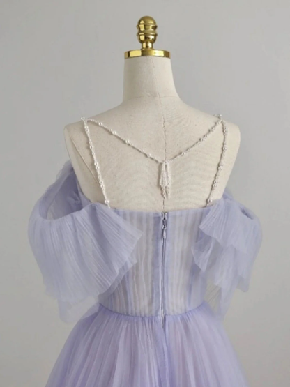 Elegant  A Line Off The Shoulder Spaghetti Beading Straps Lavender Tulle Long Prom Dress, Evening Dress GG282