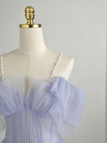 Elegant  A Line Off The Shoulder Spaghetti Beading Straps Lavender Tulle Long Prom Dress, Evening Dress GG282
