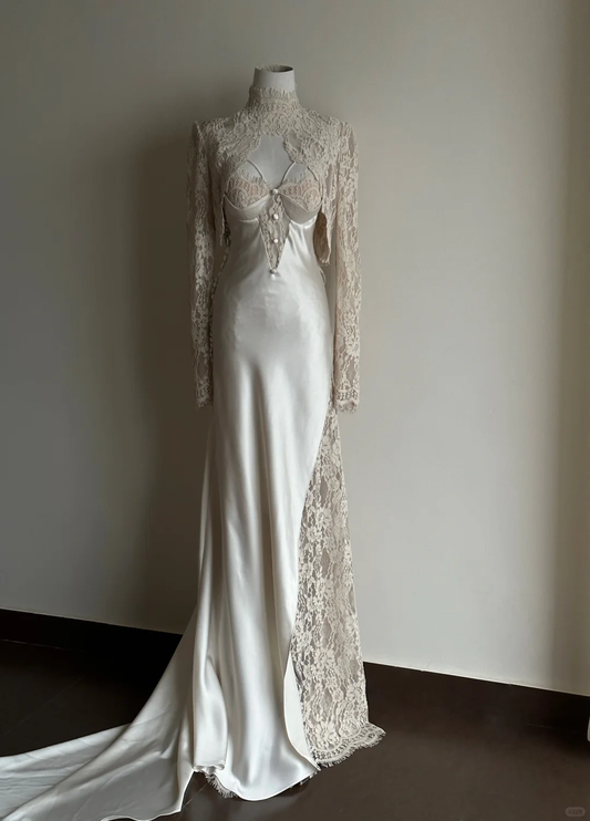 Sexy Mermaid Spaghetti Straps Silk Satin Lace Long Prom Dress, Party Dress, Evening Dress GG2830