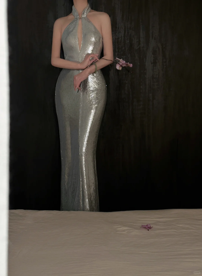 Sparkly Mermaid Halter Silver Sequin Long Prom Dress, Party Dress, Evening Dress GG2832