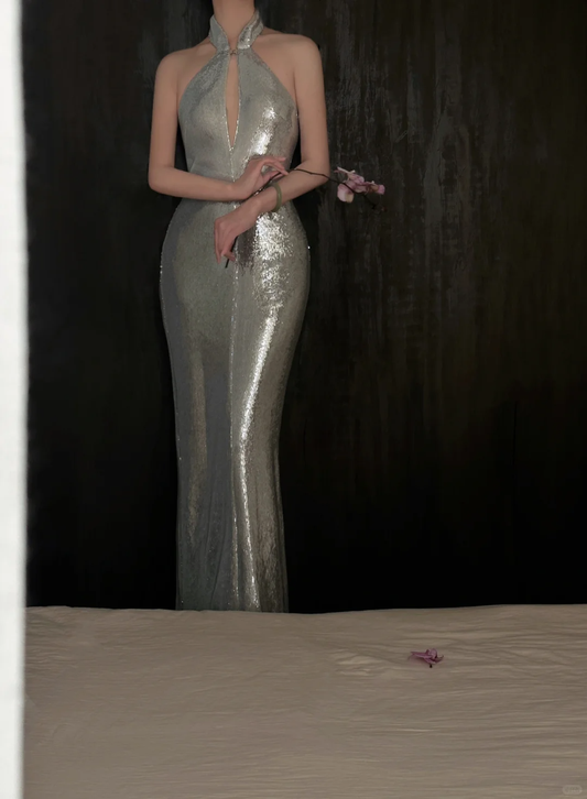 Sparkly Mermaid Halter Silver Sequin Long Prom Dress, Party Dress, Evening Dress GG2832