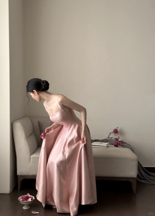 Cute A Line Spaghetti Straps Square Pink Satin Long Prom Dress, Party Dress, Evening Dress GG2835