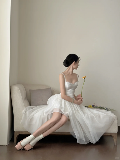 Cute A Line Spaghetti Straps White Satin Tulle Long Prom Dress, Party Dress, Evening Dress GG2836