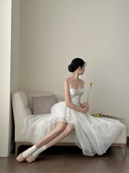 Cute A Line Spaghetti Straps White Satin Tulle Long Prom Dress, Party Dress, Evening Dress GG2836