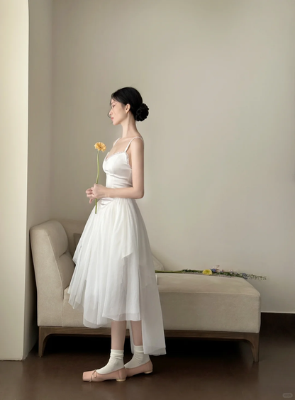 Cute A Line Spaghetti Straps White Satin Tulle Long Prom Dress, Party Dress, Evening Dress GG2836